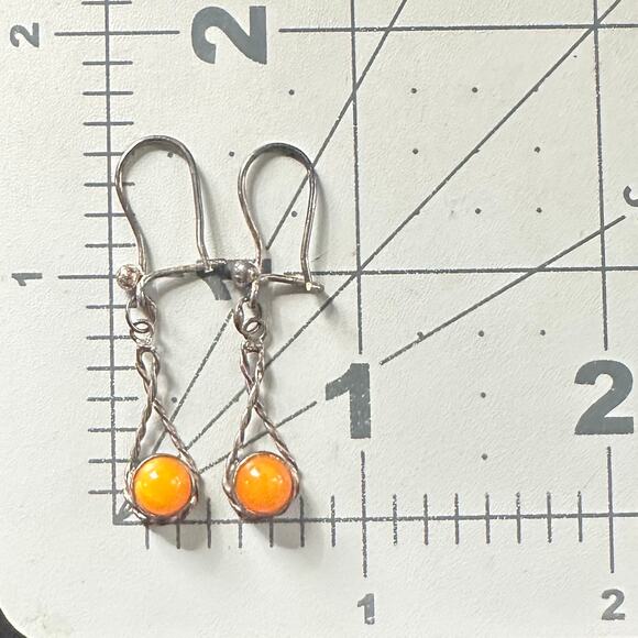 Antique vintage 800 silver Butterscotch egg yolk amber hook drop dangle earrings - Picture 10 of 10